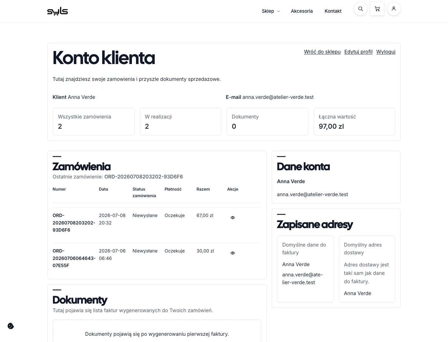 Customer account dashboard