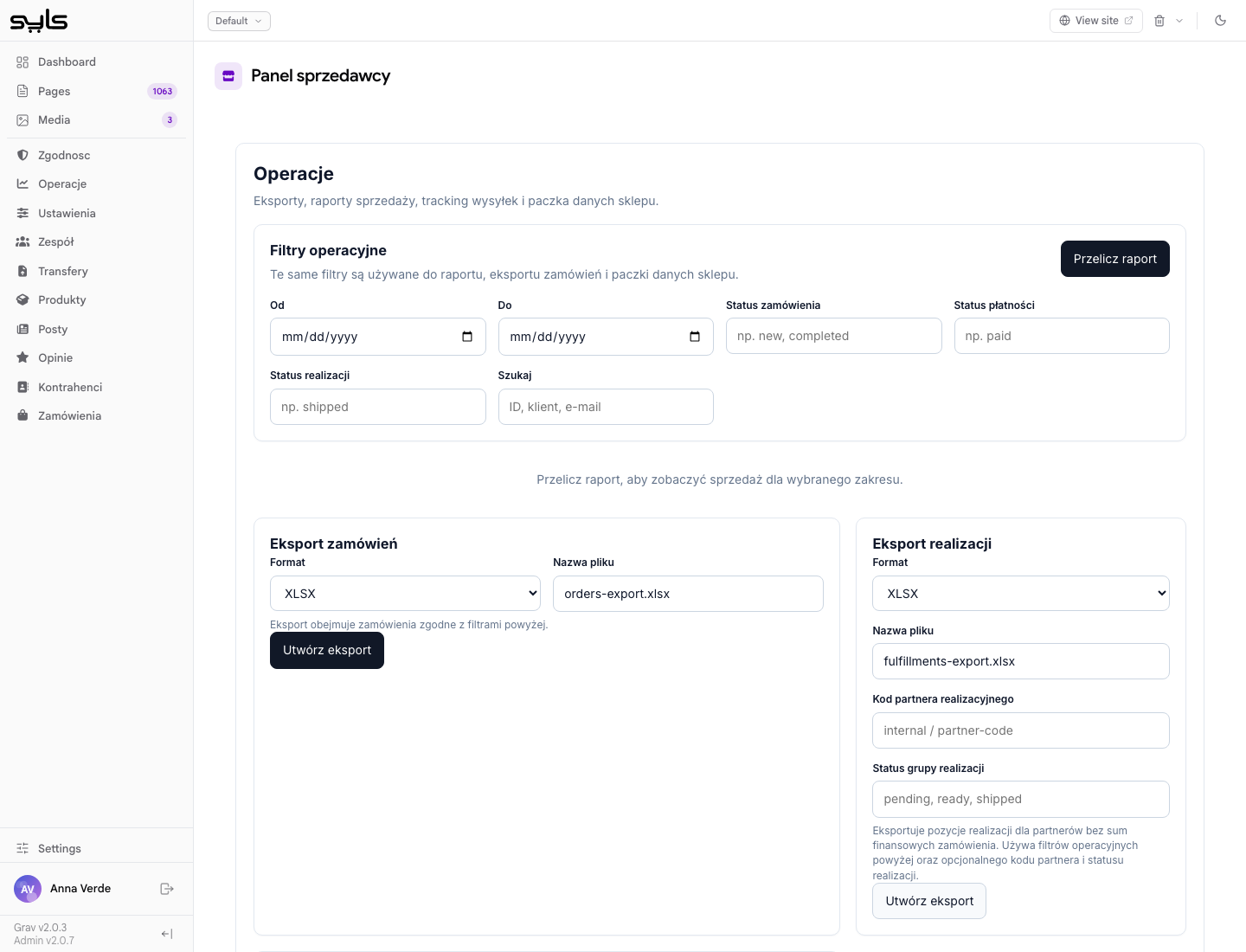 Operations in the store panel
